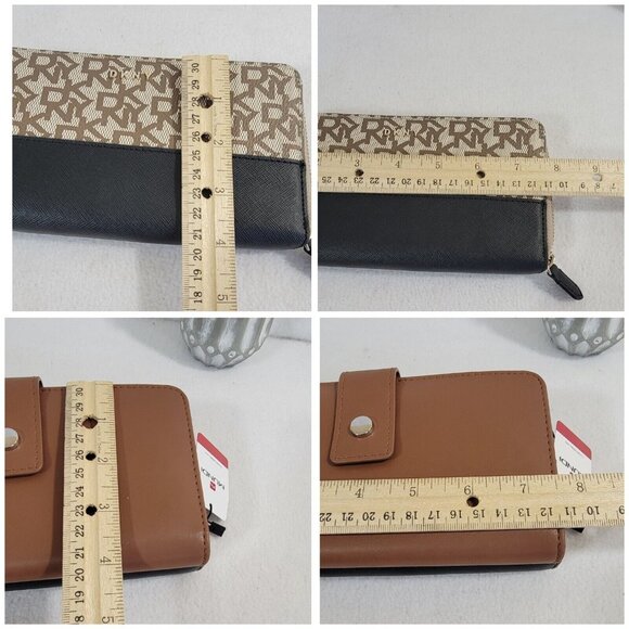 Lot Of 2 Women's Wallet DKNY Beige Logo Print Mundi Brown Leather Card Slots - Picture 9 of 10